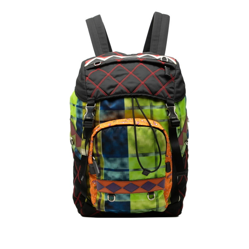 Prada Triangle Logo Plate Backpack, Multicolor Black Red Nylon Leather, Women...